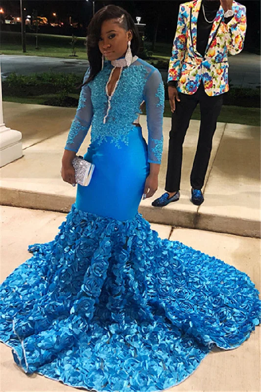 Savings Galore Gorgeous Blue Sheer Tulle Lone-Sleeves Flower Applique Mermaid Prom Dresses Savings Galore Gorgeous Blue Sheer Tulle Lone-Sleeves Flower Applique Mermaid Prom Dresses