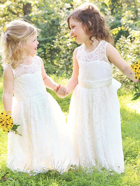 Incredible Offers Flower Girl Dresses Lace Ivory Floor-length Bowknot Tulle JKF015
