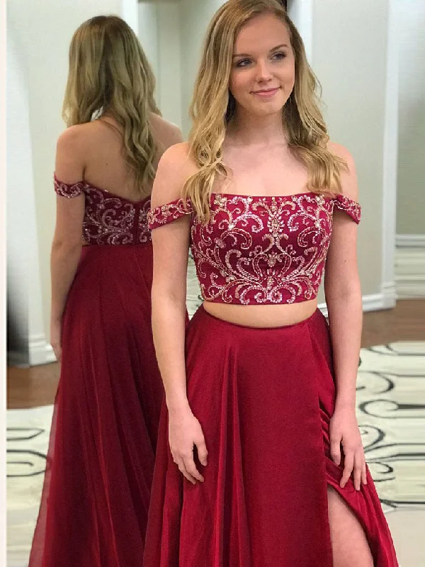 Year-End Sale Two Piece Prom Dresses Off-the-shoulder Floor-length Beading Sparkly Prom Dress JKL865