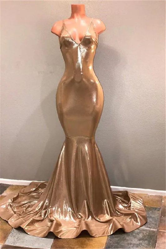 Clearance Items Chic Spaghetti Strap Gold Prom Dress, Sleeveless Prom Party Gowns