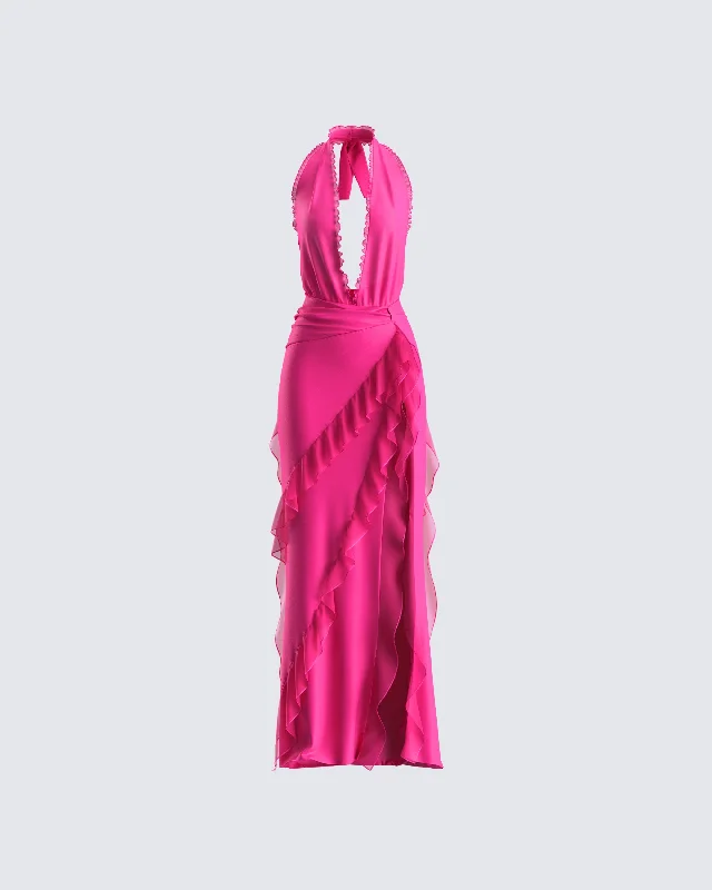 Massive Deals ruched dressNandi Hot Pink Ruffle Maxi Dress