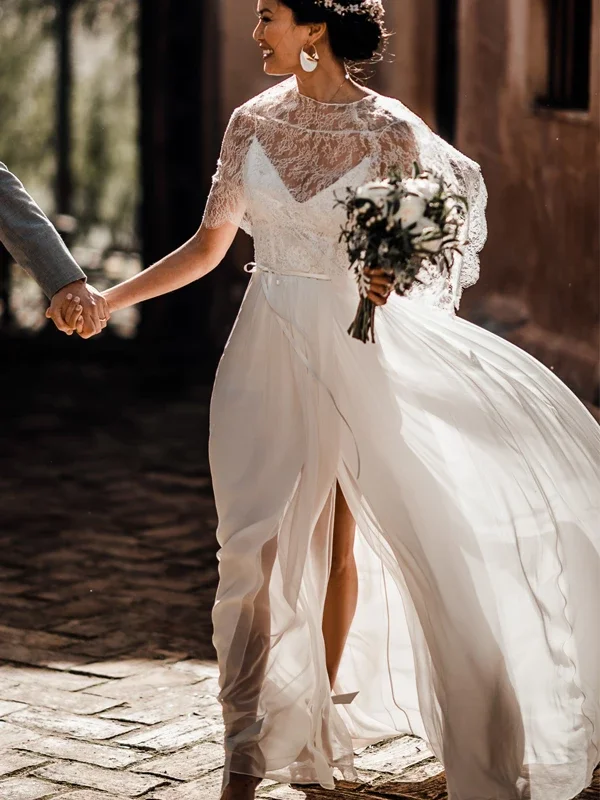 Don't Wait Two Piece Lace Chiffon Convertible Beach Wedding Dresses NA1201