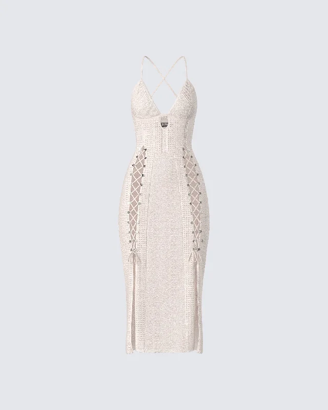 YEAR-End Clearance trendy dressJing Ivory Crochet Knit Midi Dress