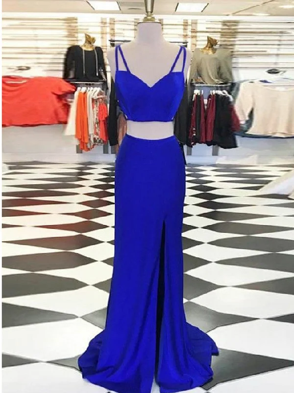 Bargain Blast Two Piece Prom Dresses Spaghetti Straps Royal Blue Long Slit Cheap Prom Dress JKL870