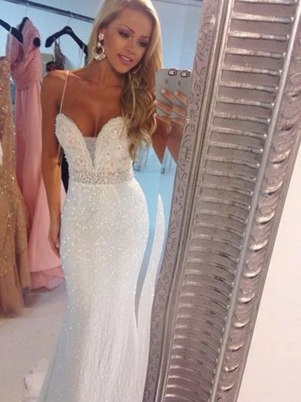 Referral Discount Sparkly Prom Dresses Spaghetti Straps Sheath Column Sequins Long Prom Dress JKL866