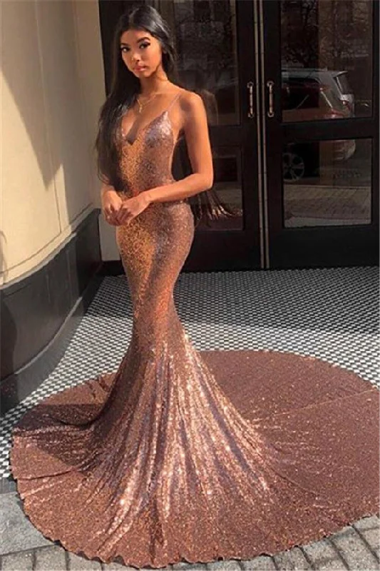 Savings Spectacular Gorgeous Spaghetti-Straps Sequins Mermaid Prom Party Gowns