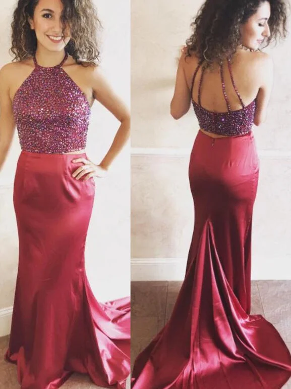 Can't Be Beat Two Piece Prom Dresses Mermaid Rhinestone Burgundy Long Sexy Prom Dress JKL1077