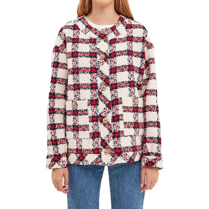 Stock Up and Save fashion-forward coatWomens Tweed Plaid Collarless Blazer