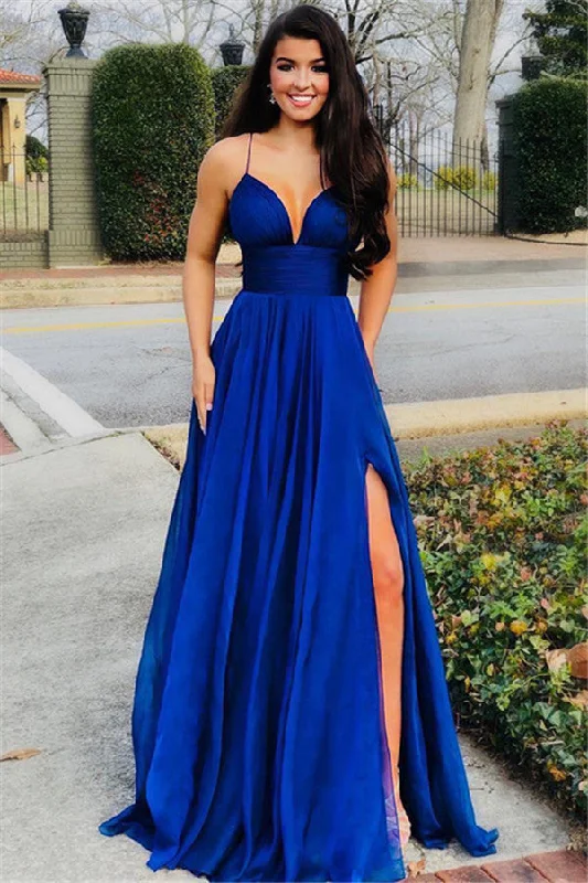Lowest Prices Elegant A-Line Spaghetti Straps Sleeveless Side Slit Evening Dresses