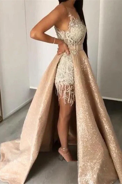 Huge Discounts Gorgeous Lace Appliques Crystal V-neck Spaghetti Straps Prom Dresses With Detachable Skirt Huge Discounts Gorgeous Lace Appliques Crystal V-neck Spaghetti Straps Prom Dresses With Detachable Skirt