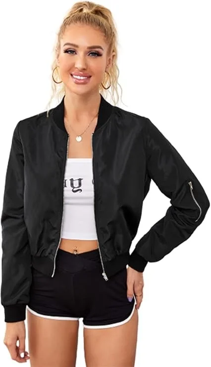 trendy coat jacketWomens Black Bomber Jacket with Sleeve Zipper