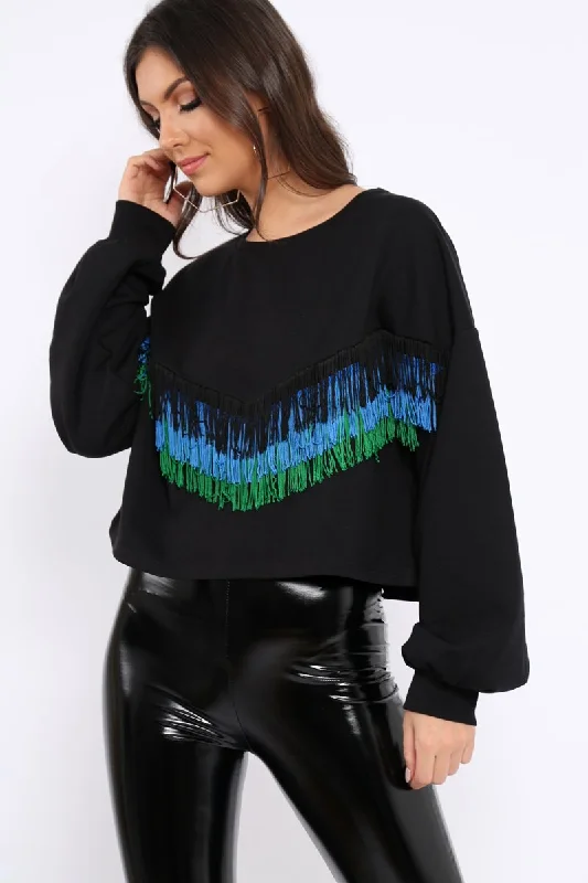 breathable pullover sweatshirtBlack Tassel Front Cropped Jumper - Cosima