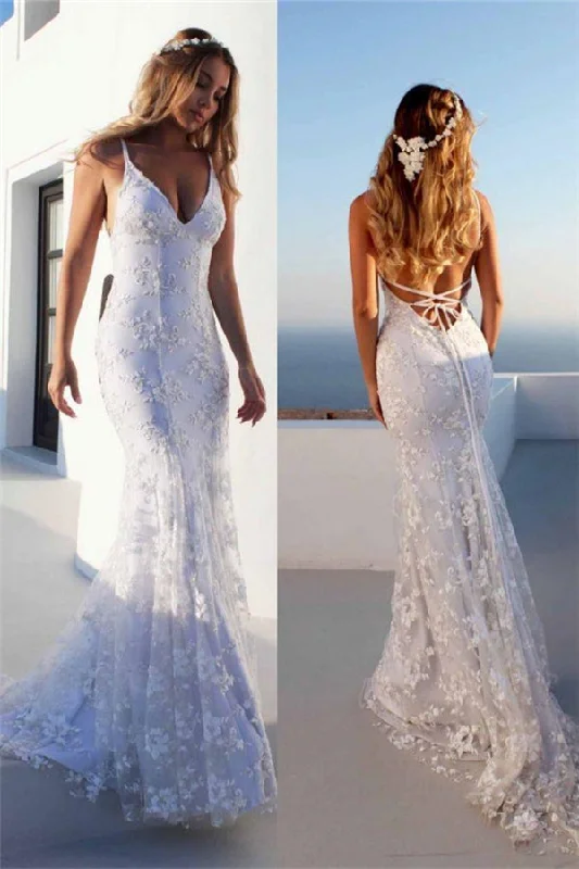 Best Bargains Cloth-fitting Floor Length Lace V-neck Spaghetti Open Back Prom Dresses Party Gowns With Lace Up