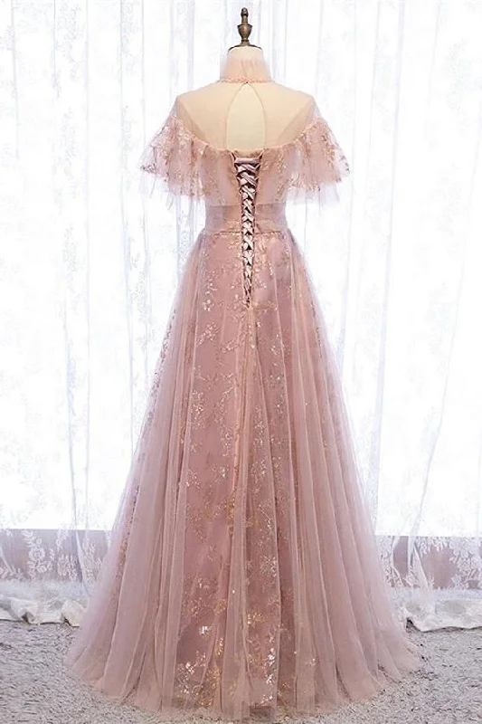 The Best Prices Elegant High Neck Vintage Long Lace Up Prom Dresses Flowy Party Gowns