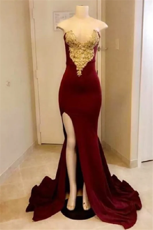 Limited Availability Chic Sweetheart Mermaid Prom Dreses with High split Velvet Gold Appliques Side Slit Evening Dresses Limited Availability Chic Sweetheart Mermaid Prom Dreses with High split Velvet Gold Appliques Side Slit Evening Dresses