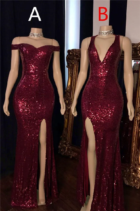 Weekend Flash Sale Burgundy Off-The-Shoulder Sequins Side-Slit Mermaid Prom Dresses