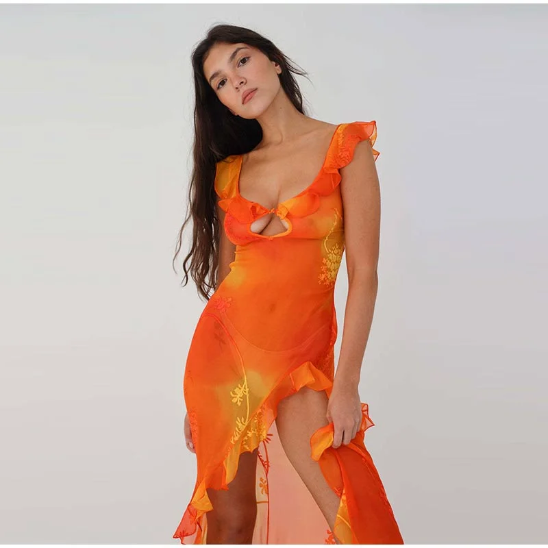 Deal Explosion long sleeve dressGina Mesh Printed Hollow Out Maxi Dress