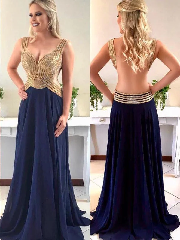 Early Bird Discount Sparkly Prom Dresses Aline Straps V-neck Long Chiffon Open Back Prom Dress JKL1110