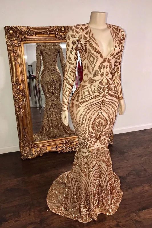 Season Finale Sale Champagne Sequins V-neck Long Sleevess Mermaid Prom Dresses