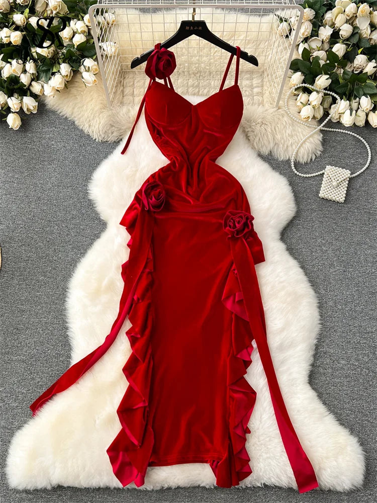 Seasonal Clearance elegant shift dressFrench Retro Velvet Dress Spaghetti Strap Sleeveless 3D Flowers Split Red Evening Party Sexy Dress