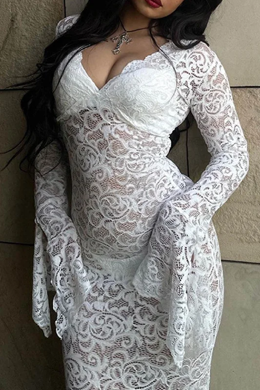 While Supplies Last chic wrap dressLace V Neck Flares Sleeve Dress