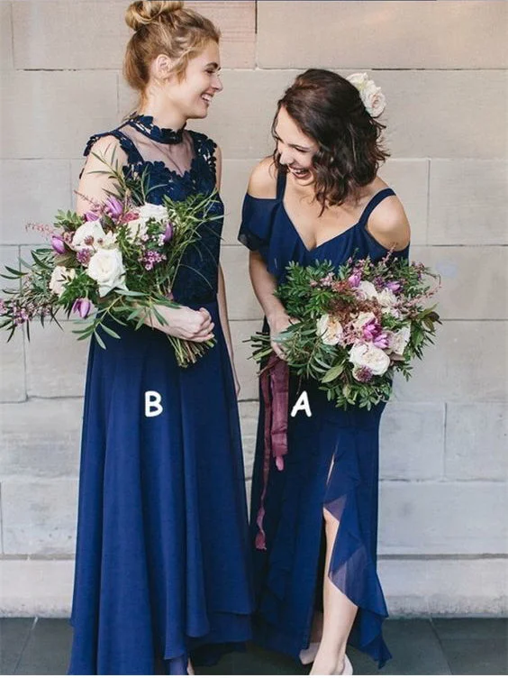 Final Markdown Dark Navy Bridesmaid Dresses with Straps A-line High Neck Long Simple Slit Bridesmaid Dresses JKB091 Final Markdown Dark Navy Bridesmaid Dresses with Straps A-line High Neck Long Simple Slit Bridesmaid Dresses JKB091