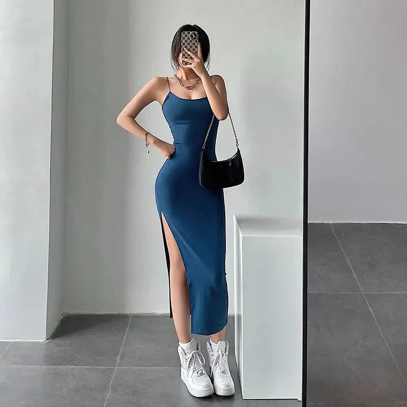 Stock Up and Save silk dressSleeveless Slim Long Dress Women Party Club High Split Spaghetti Strap Dresses Bodycon Dress