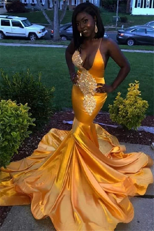 Price Reduction Elegant V-Neck Appliques Spaghetti Straps Mermaid Lace Prom Dresses