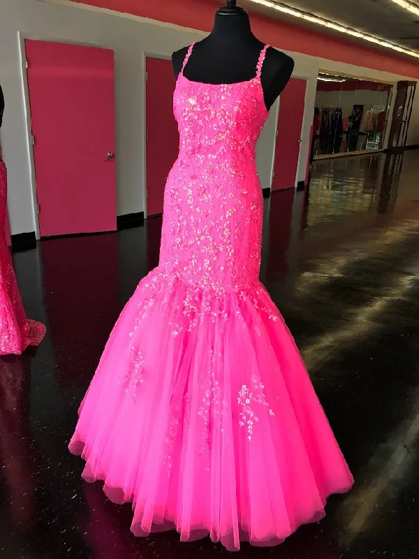 elegant maxi dressAmarra 87339 Neon Pink Mermaid Prom Dresses Size 10 Sequin Embellished Tulle Mermaid Backless Corset Lace Gown