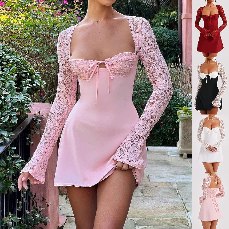 Limited Time party-ready dressFashion Corset Lace Long Sleeve Dress Sexy Y2K Backless Lace Up Short Dresses Womens Clothing