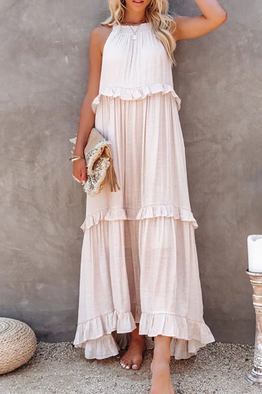 Big Discounts stylish party dressHalter Sleeveless Pleated Tiered Maxi Dress
