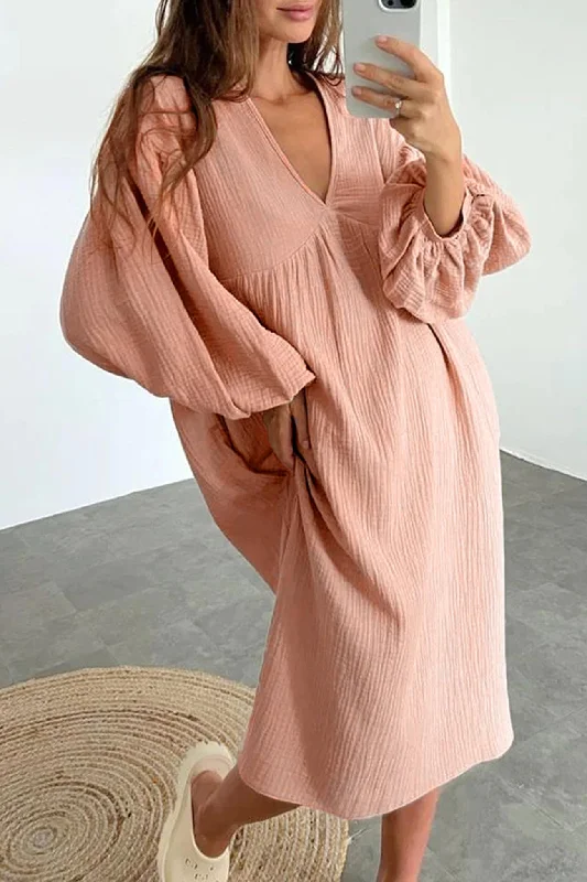Extra Savings one-shoulder dressDouble Crepe V Neck Puff Sleeve Loose Dress