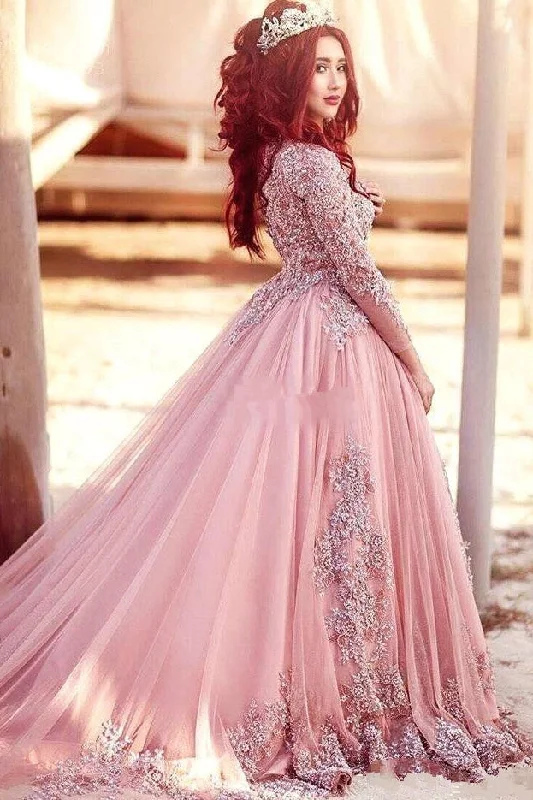 Extra Savings Gorgeous Long-Sleeve Arabic Style Lace Appliques Tulle Evening Dress