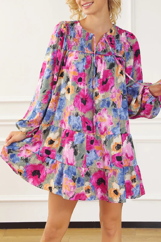 Price Drop Multicolour Floral Tie Neck Bubble Sleeve Shift Dress