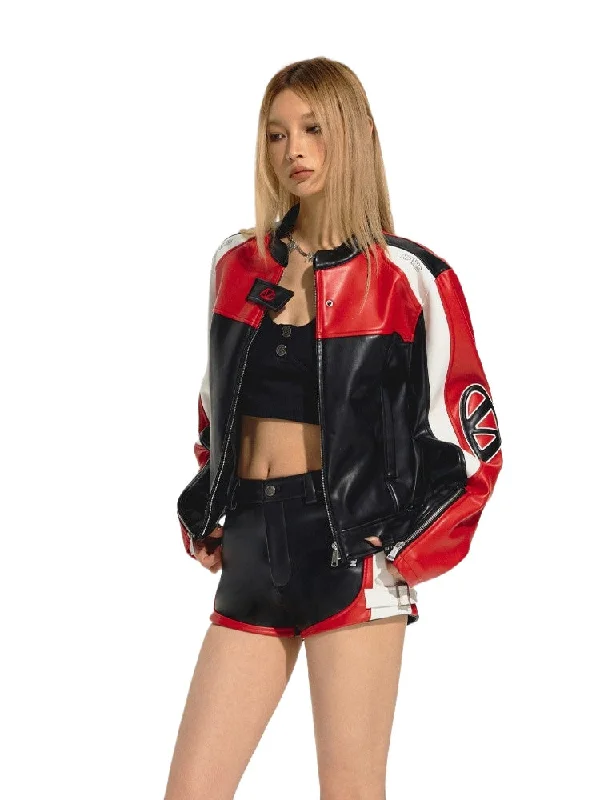 graphic jacketEmbroidered Zip Short Contrast-Color Moto Jacket