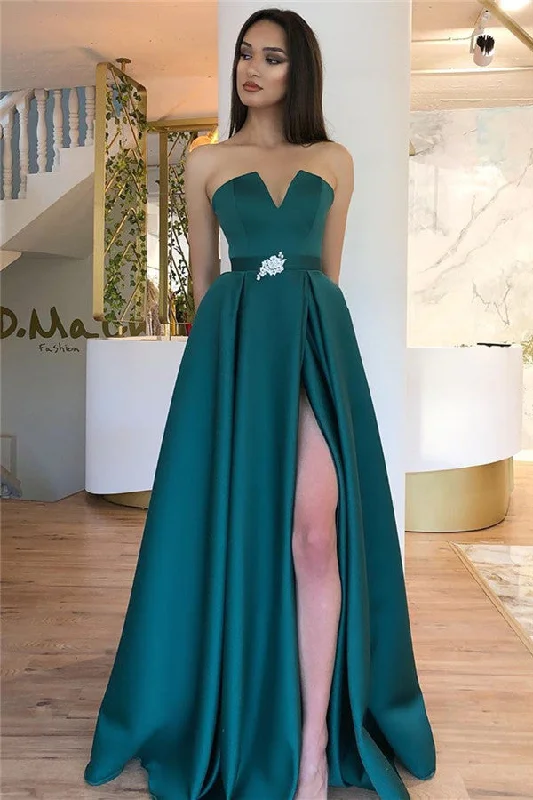 Final Markdown A-line Strapless Backless Floor Length Evening Dress Chic Side Slit Party Dresses