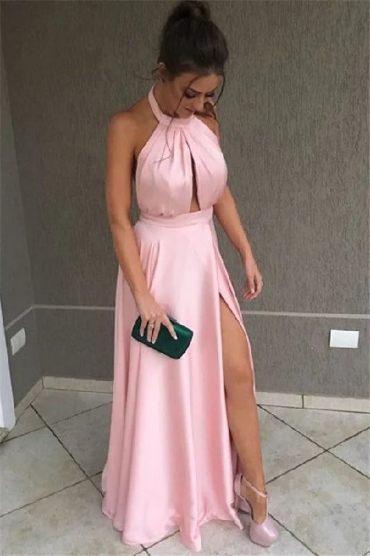 Deep Discounts Amazing Pink Halter Side-Slit Prom Dresses Sleeveless Evening Dresses with Keyhole Deep Discounts Amazing Pink Halter Side-Slit Prom Dresses Sleeveless Evening Dresses with Keyhole