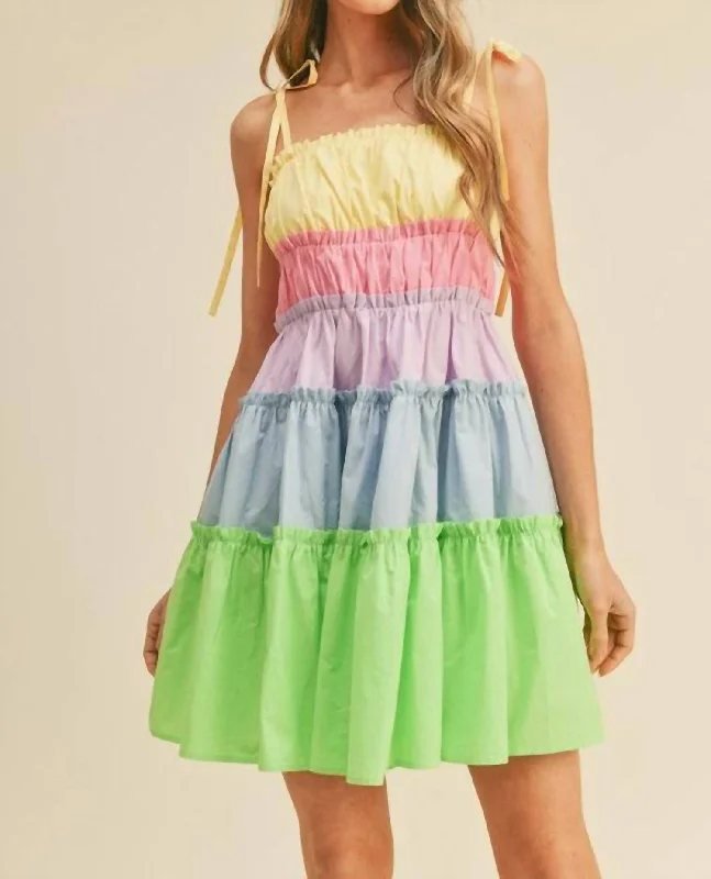 ruched dressTiered Color Block Mini Dress In Limeade Multi