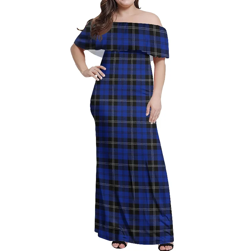 Midnight Madness Swan Tartan Off Shoulder Long Dress