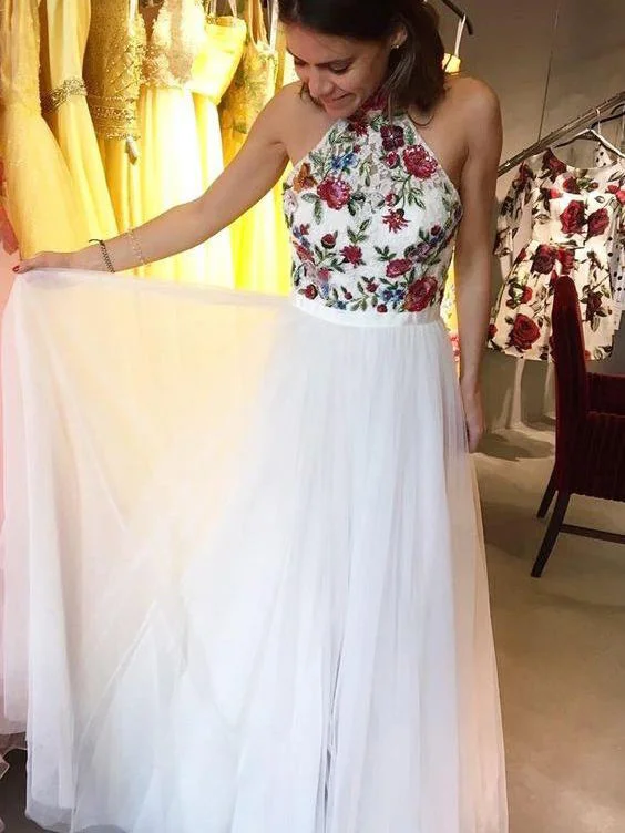 Instant Savings A Line Prom Dresses High Neck Embroidery Floral Beautiful Prom Dress JKL1023