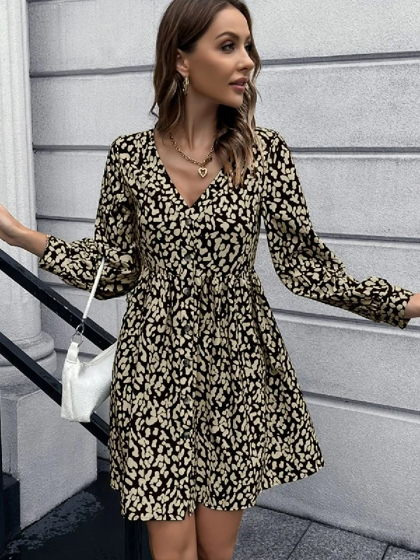 casual midi dressAnimal Print Buttoned V-Neck Long Sleeve Dress