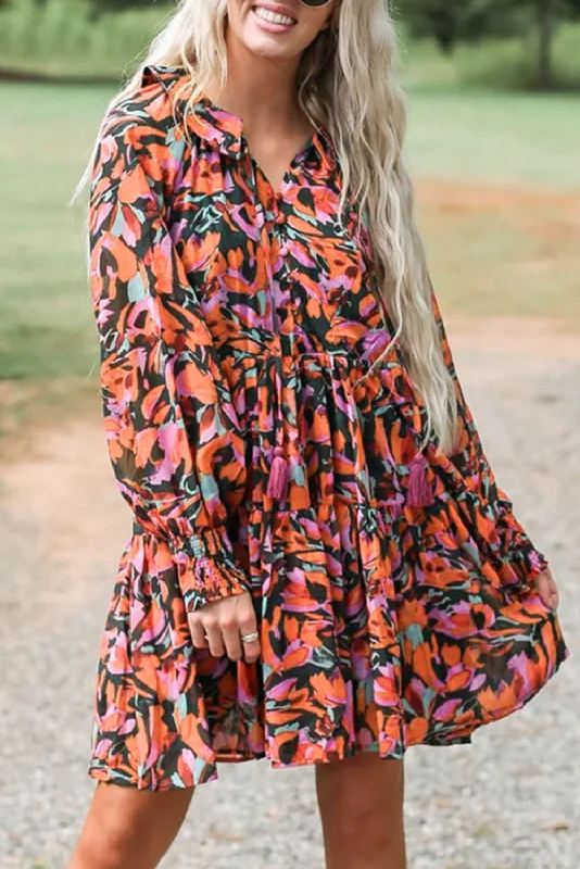 Markdowns Red Floral Smocked Bishop Sleeve Tassel Mini Dress