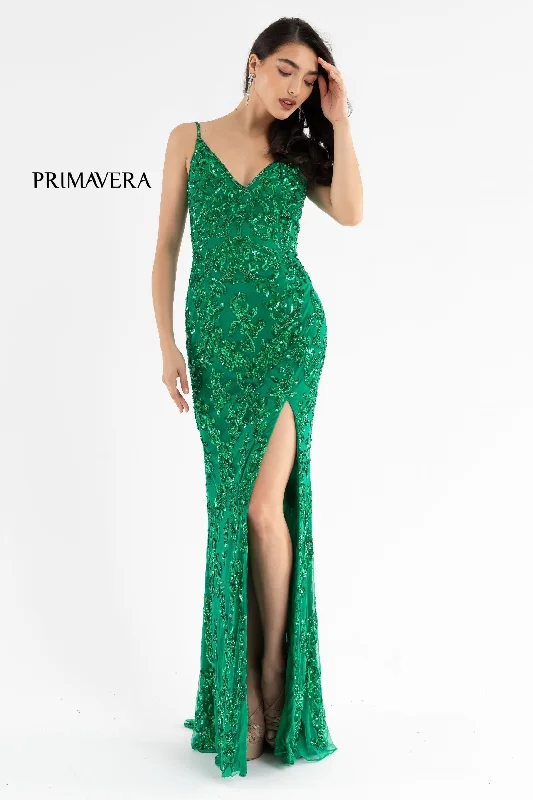 silk dressPrimavera Couture 3754 Size 12 Emerald Prom Dress Sequins V Neckline Evening Gown Backless Slit Train