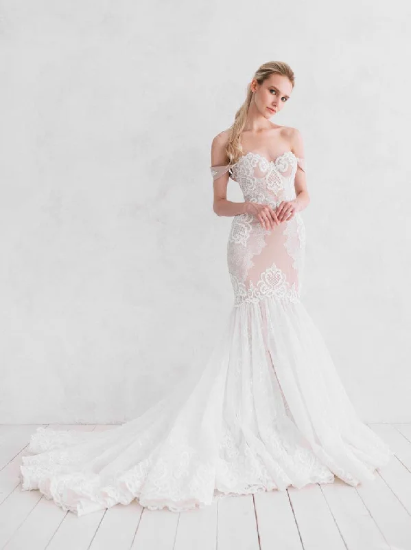 Unbeatable Prices Romantic Wedding Dresses Off-the-shoulder Mermaid Trumpet Sweep Train Lace Bridal Gown JKW368