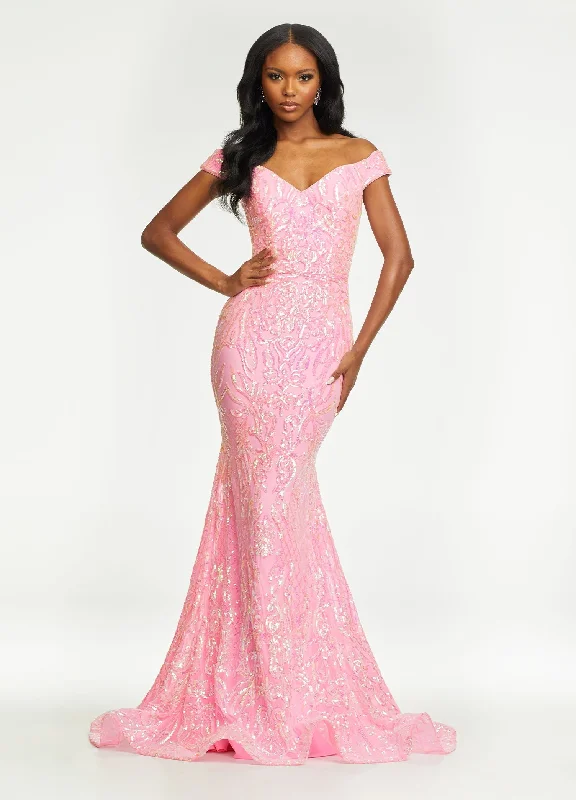 summer floral dressAshley Lauren 11112 Size 2 Baby Pink Prom Dress Off the Shoulder Stretch Sequin Gown