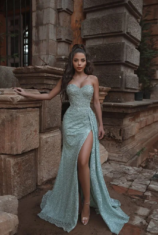 Clearance Sale Beautiful Shining Crystal Sweetheart Sleeveless Prom Dresses With Split A Line Evening Gowns