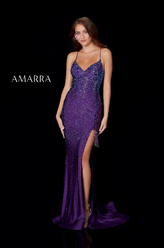 structured dressAmarra 87264 Size 0 Plum Long Fitted Side Slit Fringe Prom Dress Formal Backless Gown