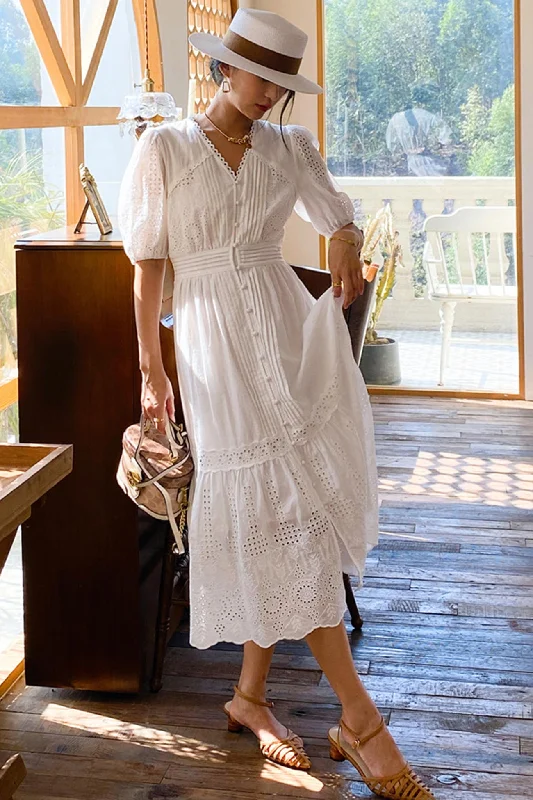 One-DAY Sale office dressWhite Emroidered V-neck Maxi Dress