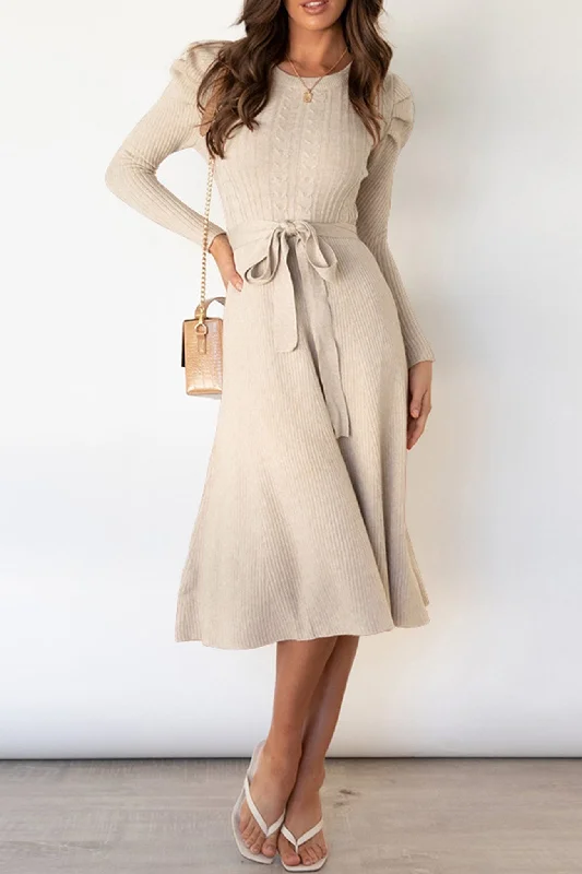 Super Sale pleated dressPuff Sleeve Tie-waist Knit Dress