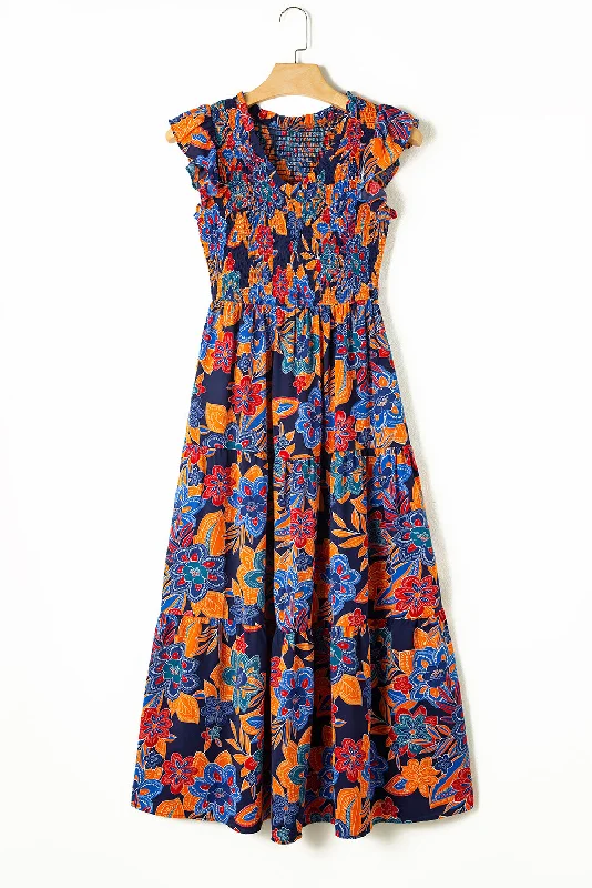 Limited Quantity Dark Blue Boho Floral V Neck Ruffle Tiered Long Dress